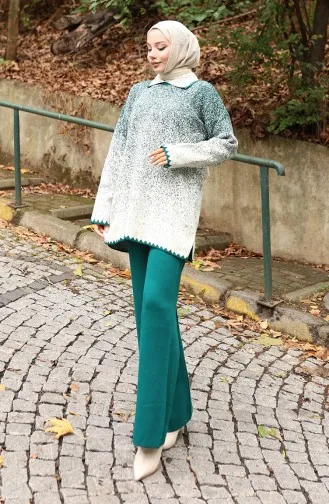 Ensemble Deux Pièces En Tricot Tunique Et Pantalon 1123-03 Vert émeraude 1123-03