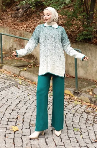 Ensemble Deux Pièces En Tricot Tunique Et Pantalon 1123-03 Vert émeraude 1123-03