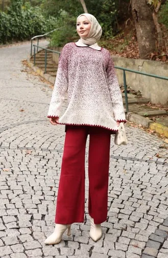 بدلة محبوكة من قطعتين، بنطلون، تونيك، لون أحمر قاتم، 1123-05 1123-05
