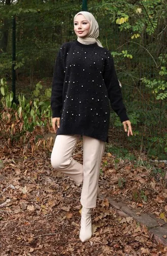 Tunique En Tricot Ornée De Perles 3009-02 Noir 3009-02
