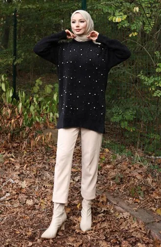 Tunique En Tricot Ornée De Perles 3009-02 Noir 3009-02