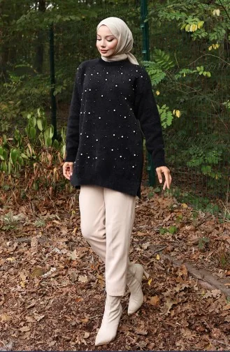 Tunique En Tricot Ornée De Perles 3009-02 Noir 3009-02