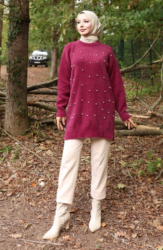 Strick Tunika Mit Perlendetail 3009-03 Pflaume 3009-03