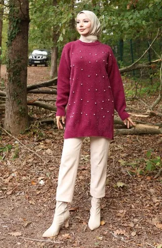 سترة محبوكة بتفاصيل اللؤلؤ 3009-03 أرجواني 3009-03