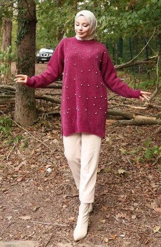 سترة محبوكة بتفاصيل اللؤلؤ 3009-03 أرجواني 3009-03