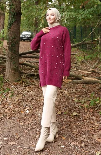 سترة محبوكة بتفاصيل اللؤلؤ 3009-03 أرجواني 3009-03