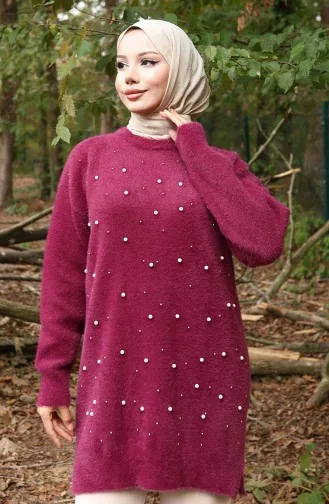 سترة محبوكة بتفاصيل اللؤلؤ 3009-03 أرجواني 3009-03