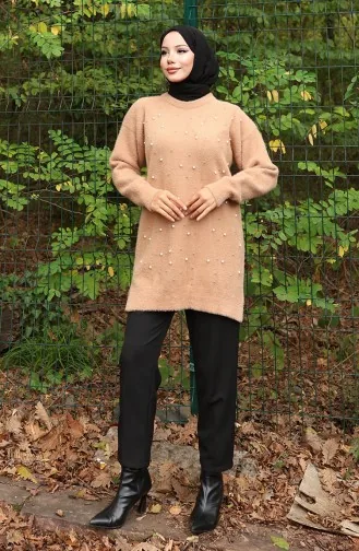 Knitwear Pearl Detailed Tunic 3009-04 Milk Coffee 3009-04