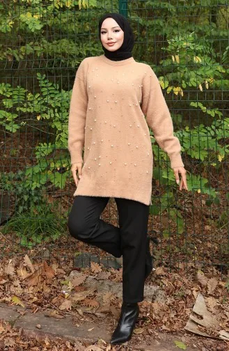 Knitwear Pearl Detailed Tunic 3009-04 Milk Coffee 3009-04