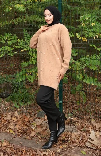 Knitwear Pearl Detailed Tunic 3009-04 Milk Coffee 3009-04