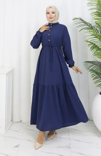 فستان نصف أزرار مع ربطة عند الخصر 0182-07 أزرق غامق 0182-07