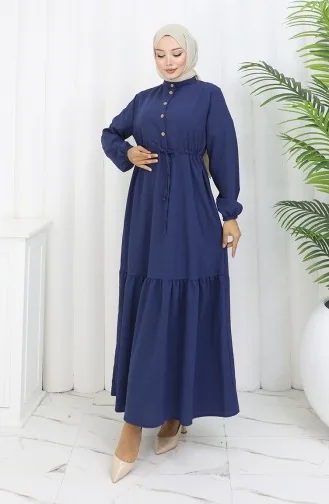 فستان نصف أزرار مع ربطة عند الخصر 0182-07 أزرق غامق 0182-07