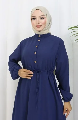 فستان نصف أزرار مع ربطة عند الخصر 0182-07 أزرق غامق 0182-07