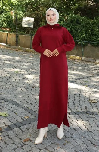 فستان محبوك بياقة مدورة 0511-06 أحمر كلاريت 0511-06