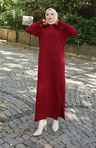 فستان محبوك بياقة مدورة 0511-06 أحمر كلاريت 0511-06