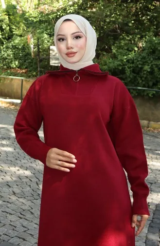 فستان محبوك بياقة مدورة 0511-06 أحمر كلاريت 0511-06