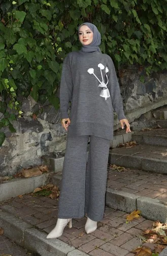 Strickmode Mit Rose Detail Tunika Hose Zweiteiler 1030-01 Grau 1030-01
