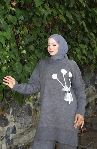 Strickmode Mit Rose Detail Tunika Hose Zweiteiler 1030-01 Grau 1030-01