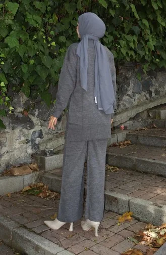 Strickmode Mit Rose Detail Tunika Hose Zweiteiler 1030-01 Grau 1030-01