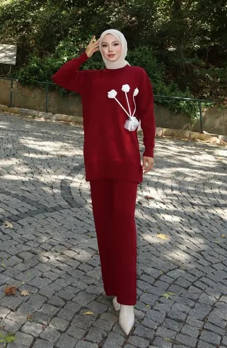 Gebreide Roos Gedetailleerde Tuniek Broek Tweedelig Pak 1030-02 Bordeauxrood 1030-02