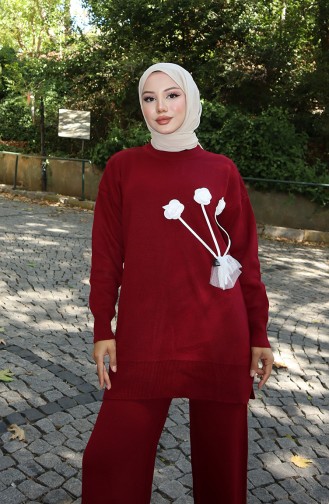 Triko Gül Detaylı Tunik Pantolon İkili Takım 1030-02 Bordo