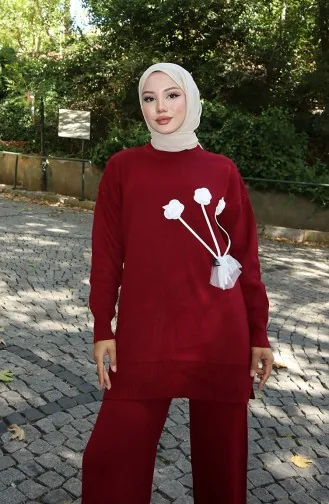 Gebreide Roos Gedetailleerde Tuniek Broek Tweedelig Pak 1030-02 Bordeauxrood 1030-02