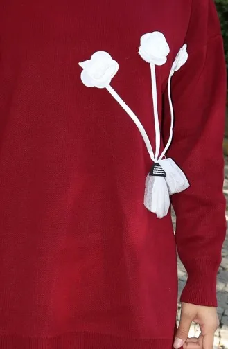 Gebreide Roos Gedetailleerde Tuniek Broek Tweedelig Pak 1030-02 Bordeauxrood 1030-02