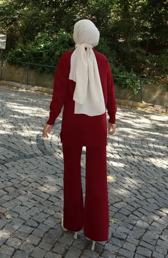 Gebreide Roos Gedetailleerde Tuniek Broek Tweedelig Pak 1030-02 Bordeauxrood 1030-02