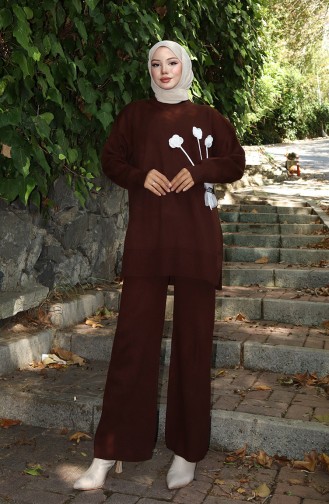Ensemble Deux Pièces Tunique Et Pantalon En Tricot Avec Détails Roses 1030-03 Marron 1030-03