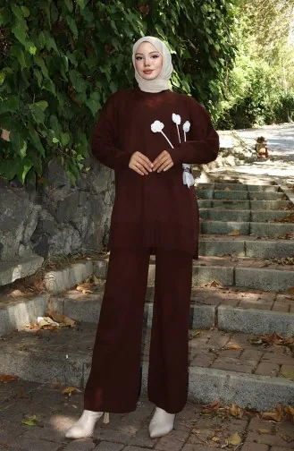Gebreide Roos Gedetailleerde Tuniek Broek Tweedelig Pak 1030-03 Bruin 1030-03