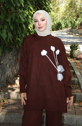 Ensemble Deux Pièces Tunique Et Pantalon En Tricot Avec Détails Roses 1030-03 Marron 1030-03