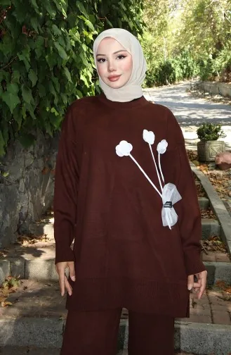 Gebreide Roos Gedetailleerde Tuniek Broek Tweedelig Pak 1030-03 Bruin 1030-03