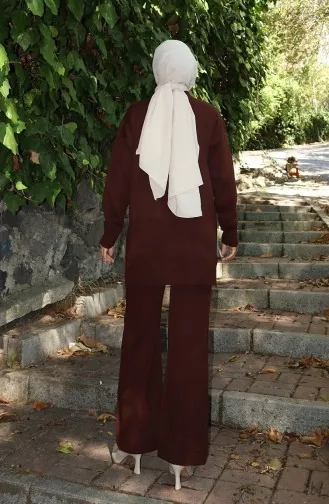 Gebreide Roos Gedetailleerde Tuniek Broek Tweedelig Pak 1030-03 Bruin 1030-03