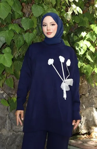 Gebreide Roos Gedetailleerde Tuniek Broek Tweedelig Pak 1030-04 Marineblauw 1030-04