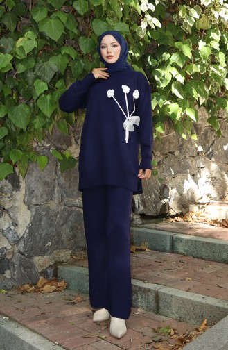 Knitwear Rose Detailed Tunic Trousers Two Piece Suit 1030-04 Navy Blue 1030-04