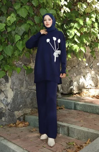 Gebreide Roos Gedetailleerde Tuniek Broek Tweedelig Pak 1030-04 Marineblauw 1030-04