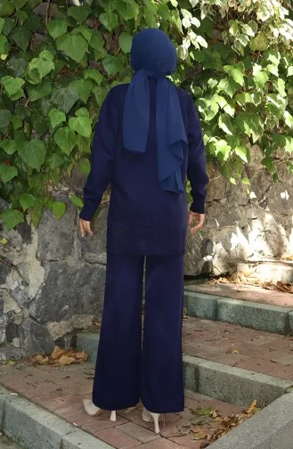 Gebreide Roos Gedetailleerde Tuniek Broek Tweedelig Pak 1030-04 Marineblauw 1030-04