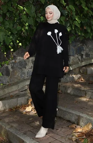 Triko Gül Detaylı Tunik Pantolon İkili Takım 1030-05 Siyah