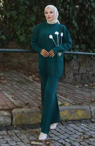 Strickmode Rose Detail Tunika Hose Zweiteiler Set 1030-06 Petrol 1030-06