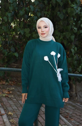 Knitwear Rose Detailed Tunic Trousers Two Piece Set 1030-06 Petrol 1030-06