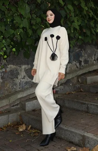 Gebreide Roos Gedetailleerde Tuniek Broek Tweedelig Set 1030-07 Beige 1030-07