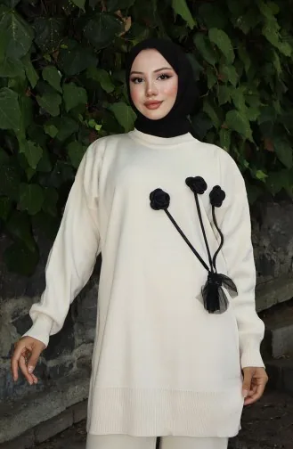 Gebreide Roos Gedetailleerde Tuniek Broek Tweedelig Set 1030-07 Beige 1030-07