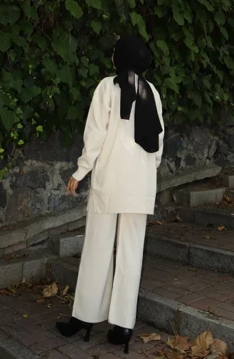 Gebreide Roos Gedetailleerde Tuniek Broek Tweedelig Set 1030-07 Beige 1030-07