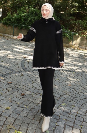 Gebreid Tuniek Met Ritskraag Broek Tweedelig Pak 1061-04 Zwart 1061-04