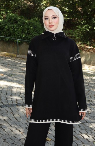 Gebreid Tuniek Met Ritskraag Broek Tweedelig Pak 1061-04 Zwart 1061-04