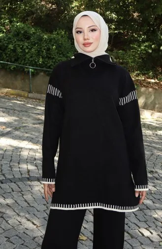 Knitwear Zipper Collar Tunic Trousers Two Piece Suit 1061-04 Black 1061-04