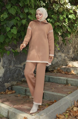 Gebreid Kledingstuk Met Ritskraag Tuniek Broek Tweedelig Pak 1061-05 Melk Koffie 1061-05
