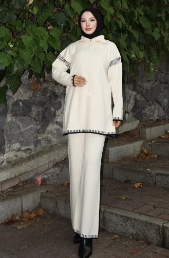 بدلة محبوكة من قطعتين، سترة وبنطلون وياقة وسحاب، لون بيج، 1061-06 1061-06