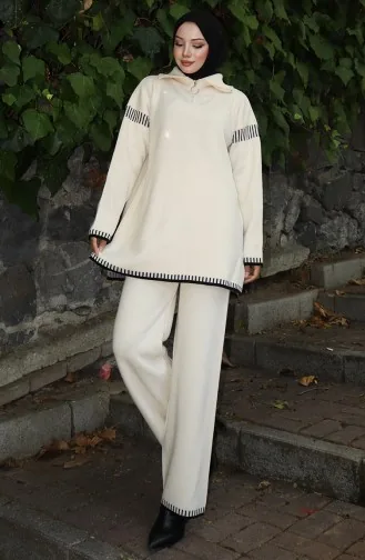 بدلة محبوكة من قطعتين، سترة وبنطلون وياقة وسحاب، لون بيج، 1061-06 1061-06