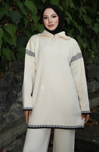 Gebreid Tuniek Met Ritskraag Broek Tweedelig Pak 1061-06 Beige 1061-06